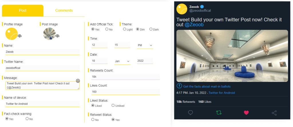 Fake tweet generator tool by zeoob