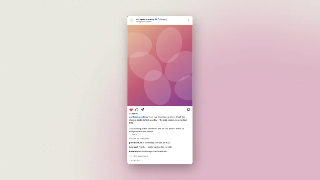 An Instagram post mockup with caption and comments