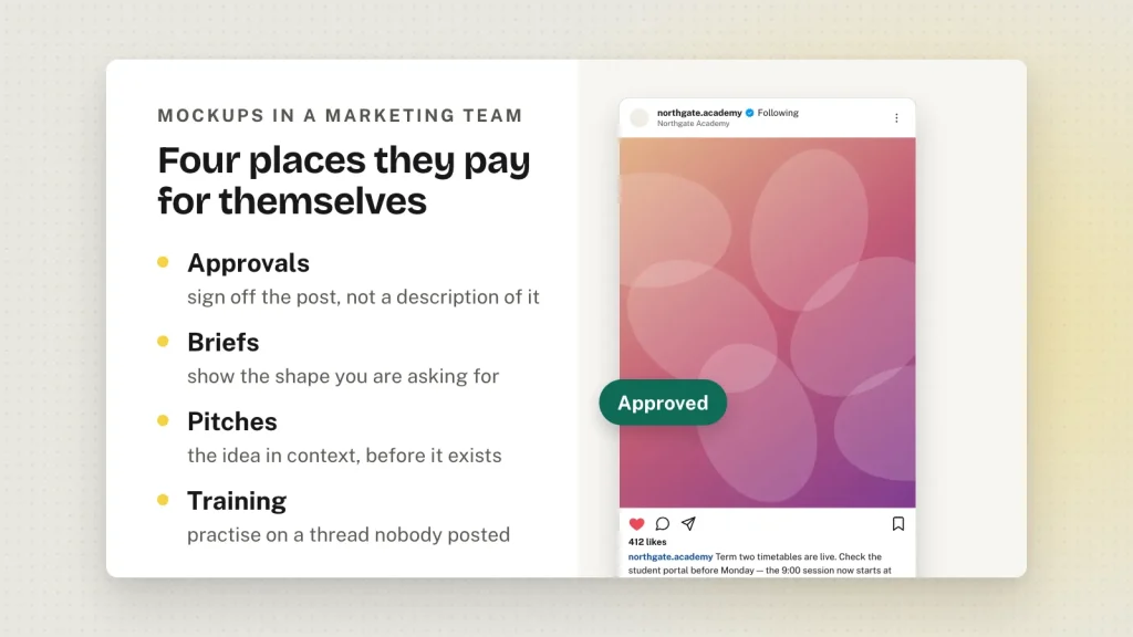 An Instagram post mockup marked approved, beside four uses