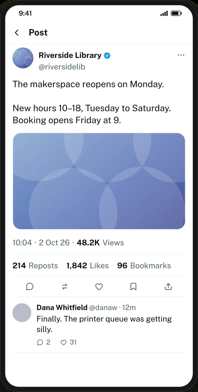 A fake tweet mockup with a verified tick, counts and replies