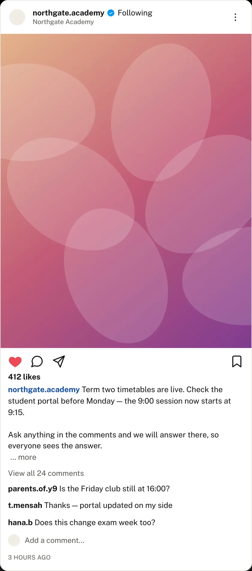 An Instagram post mockup with a carousel, caption, likes and comments