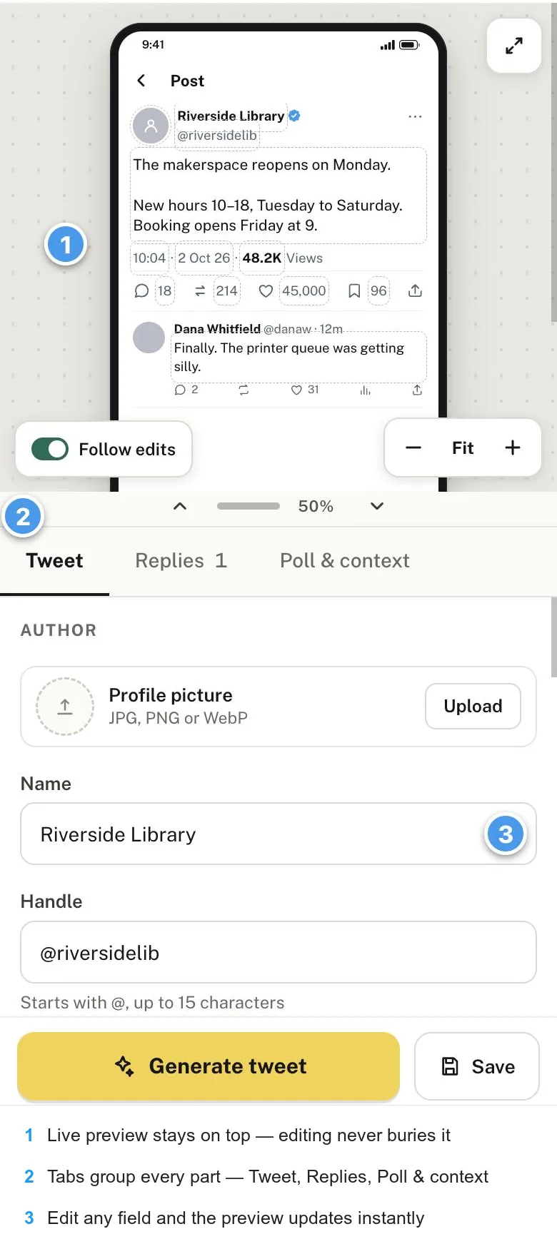 The Studio controls panel: the live preview pinned on top, tabs below, and fields that update the preview live