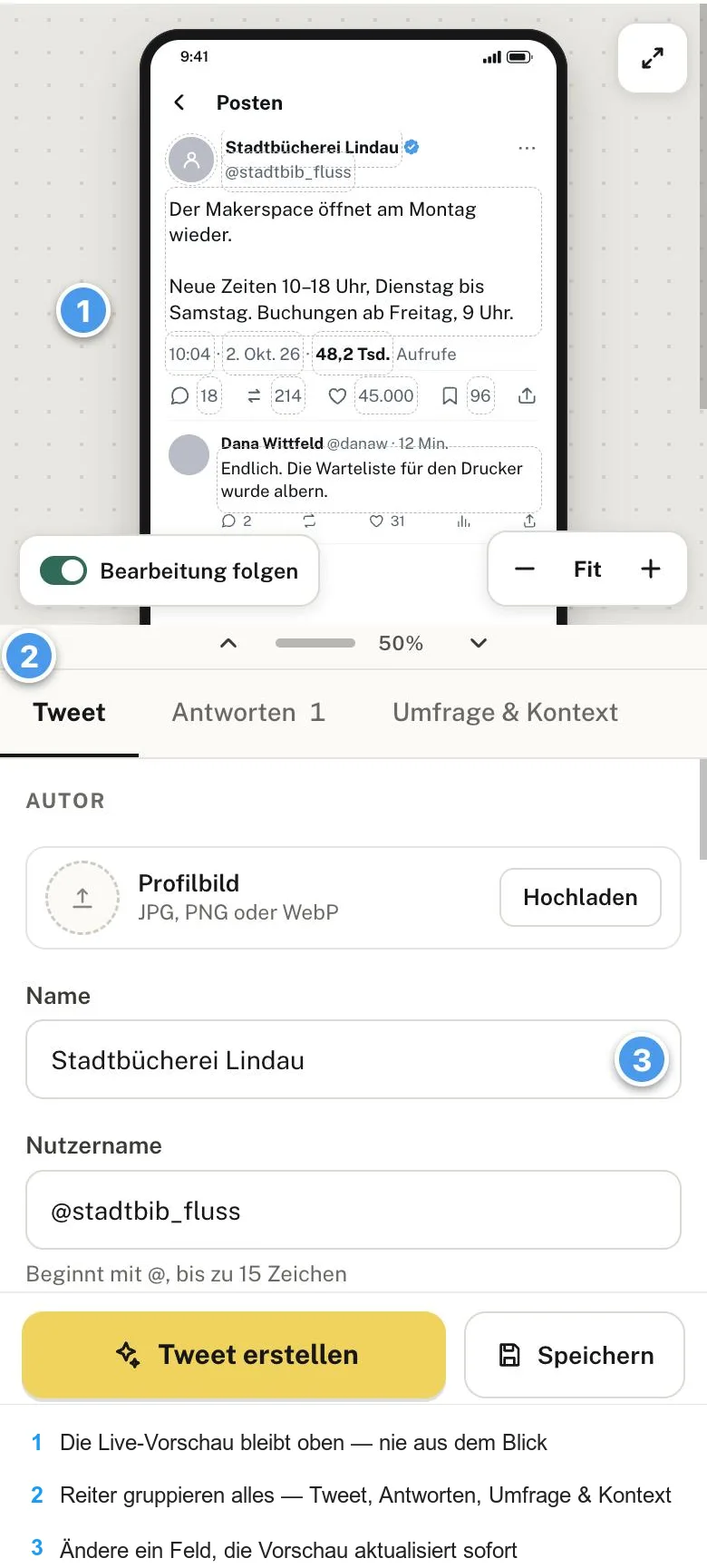 Das Studio-Bedienfeld: die Live-Vorschau oben fixiert, darunter die Reiter und Felder, die die Vorschau live aktualisieren