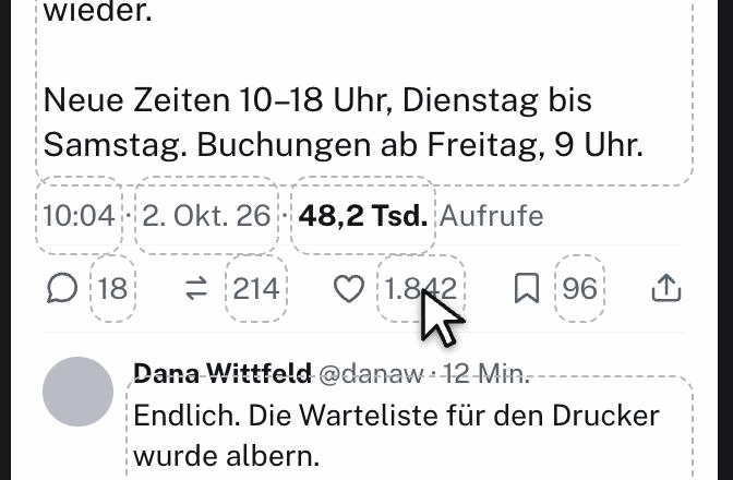 Auf die Likes-Zahl in einer Tweet-Vorschau tippen und sie von 1.842 auf 45.000 ändern