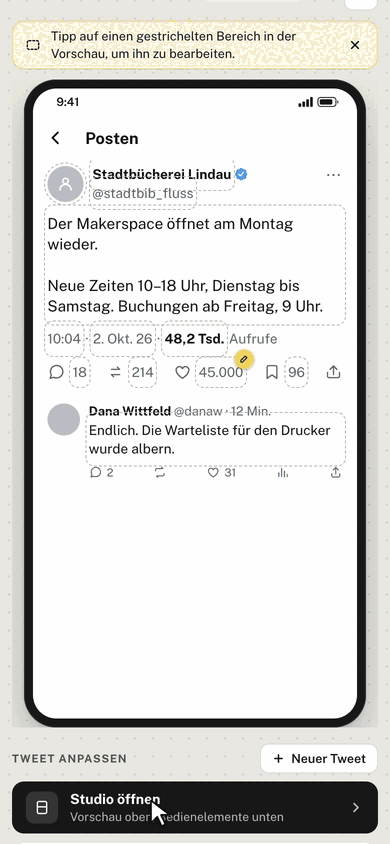 Auf dem Handy auf Studio öffnen tippen, woraufhin der Beitrag im Vollbild-Studio aufgeht
