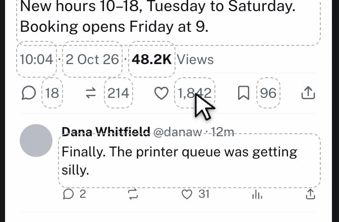 Tapping the likes count on a tweet preview and changing it from 1,842 to 45,000
