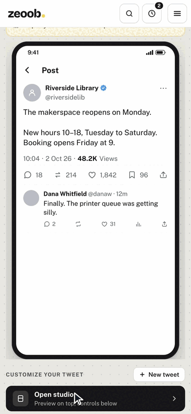Tapping Open studio on a phone, and the post opening full-screen in the Studio editor