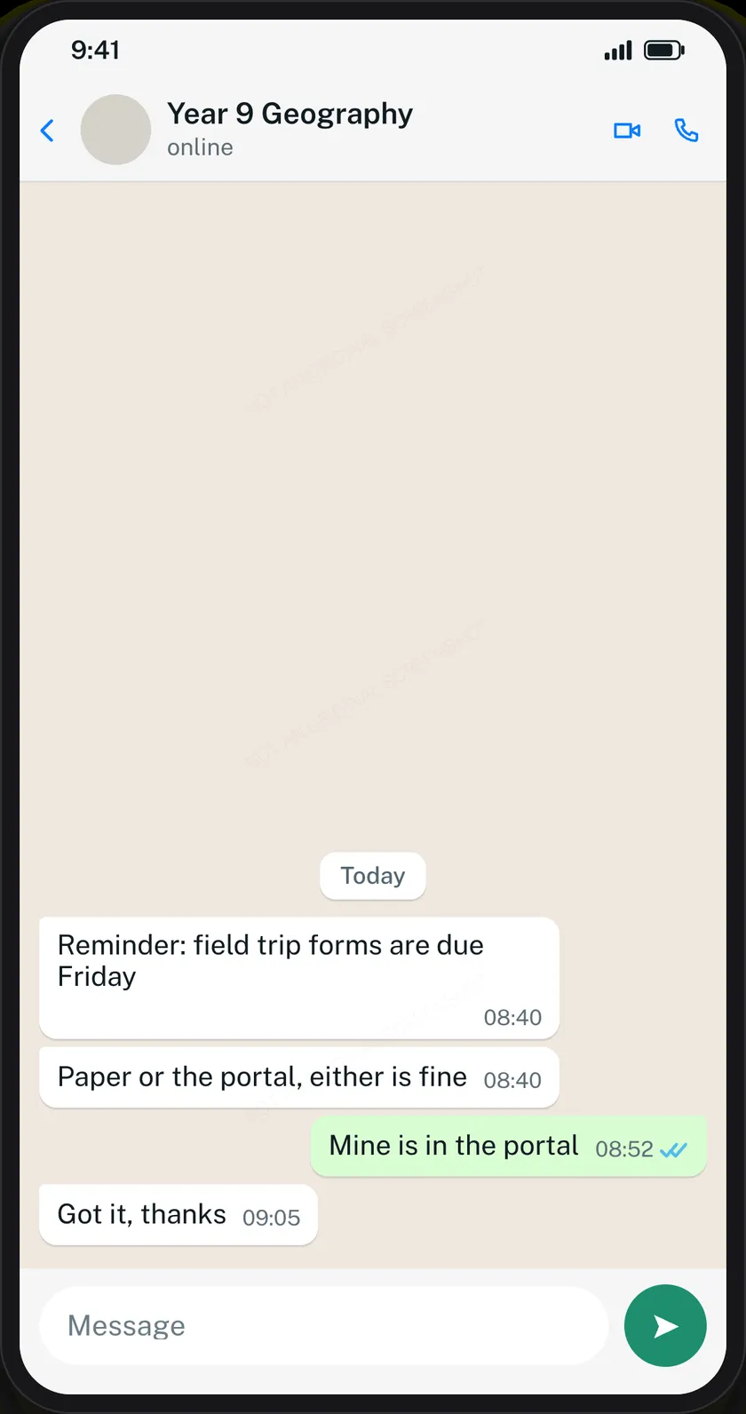 A WhatsApp chat mockup showing read ticks