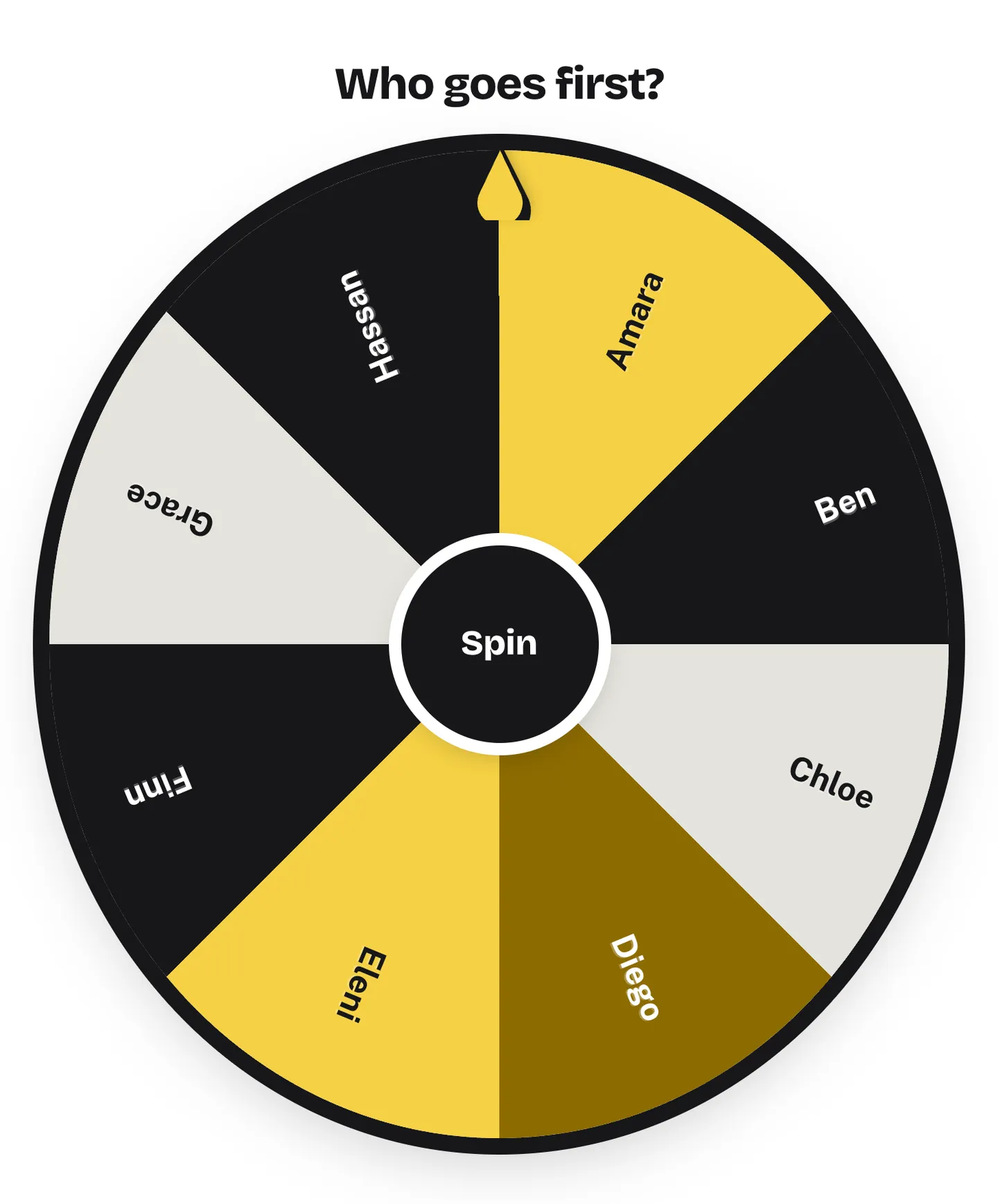 The Wheel of Names after a spin, with the winning name shown